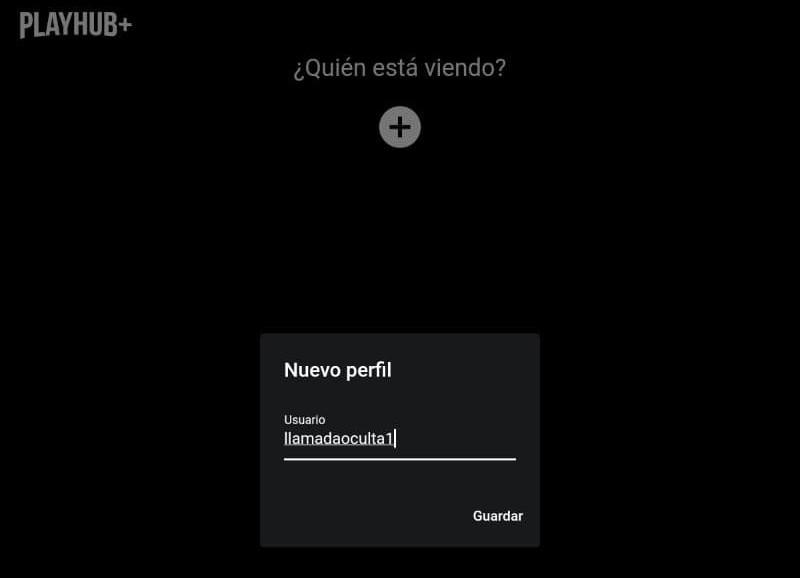 PlayHub Plus mostrando un modal que dice “Nuevo perfil” y la opción “Guardar”.