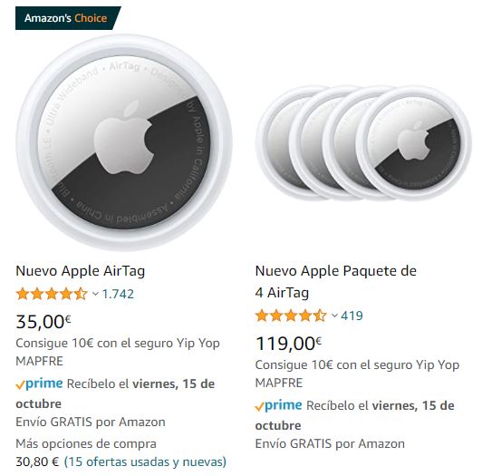 Sitio web de Amazon mostrando los precios de un AirTag individual, y de un paquete de cuatro AirTags.