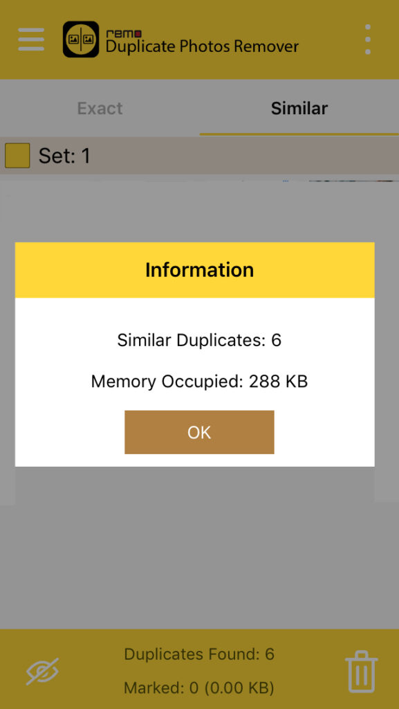 Apartado “Similar” de Remo Duplicate mostrando un modal que dice que hay seis fotos en un móvil que son muy similares a otras en el carrete de dicho móvil. Se observa un botón que dice “OK”.