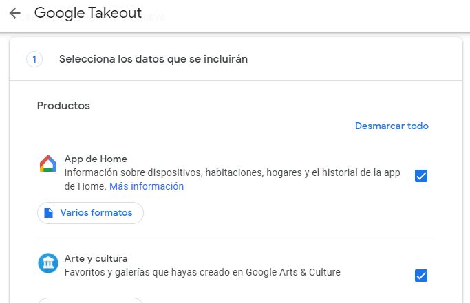 Opción “Desmarcar todo” de Google Takeout.