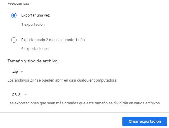 Botón “Crear exportación” de la ventana para seleccionar las propiedades del archivo comprimido que va a ser generado por Google Takeout.