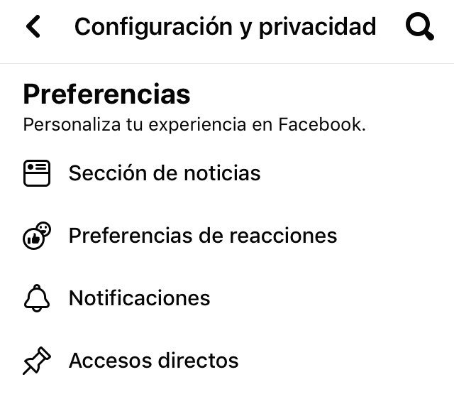 Opción “Preferencias de reacciones” de la app de Facebook.