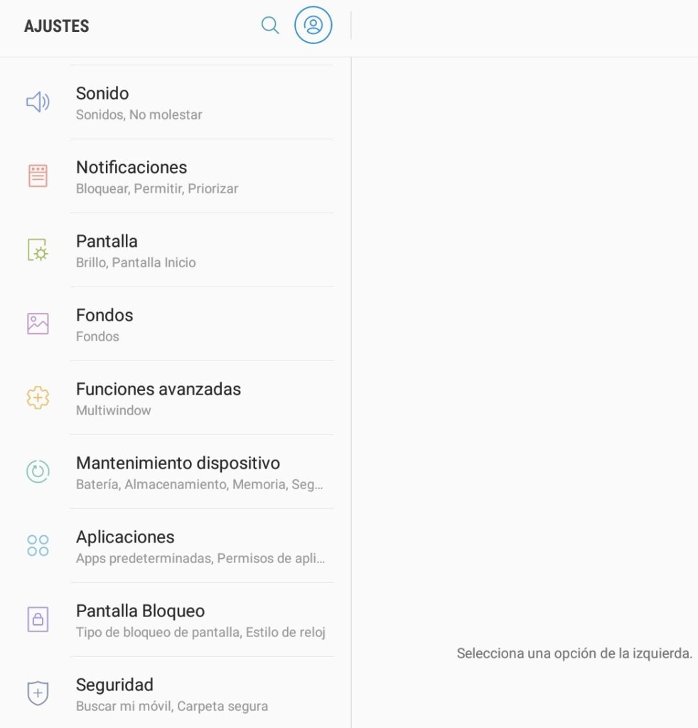App de ajustes de una tableta con Android. Se observan dos opciones llamadas “Pantalla Bloqueo” y “Seguridad”.