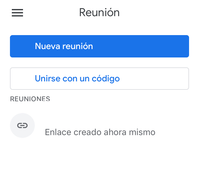 App de Gmail mostrando un enlace para entrar a una videollamada bajo un apartado llamado “REUNIONES”.