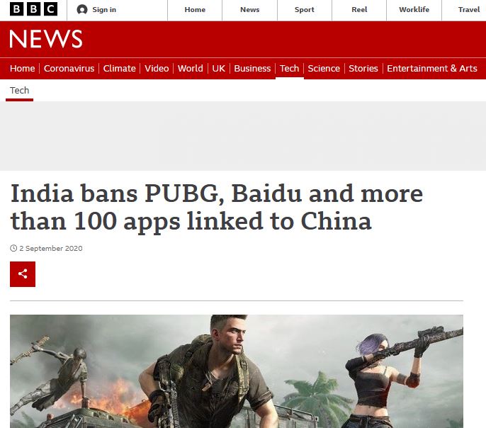 Noticia de la BBC que dice que más de 100 apps hechas en China fueron prohibidas en India.