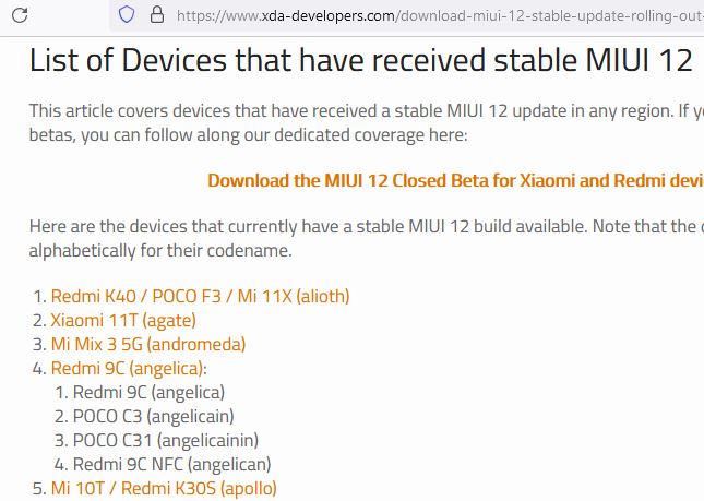 Sitio web de XDA News mostrando una lista de modelos de Xiaomi que son compatibles con MIUI 12.