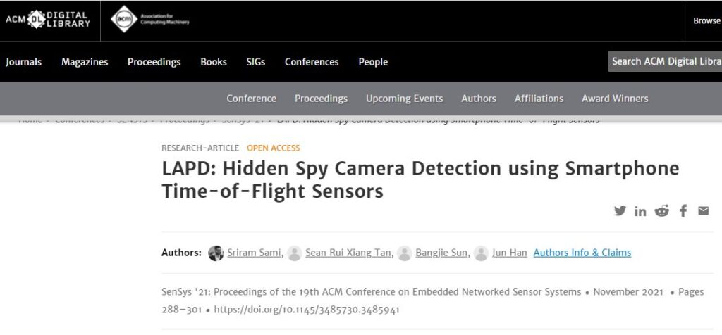 Página web de ACM Digital Library mostrando el estudio científico que descubrió que las cámaras espías ocultas se pueden detectar con el ToF de los móviles.