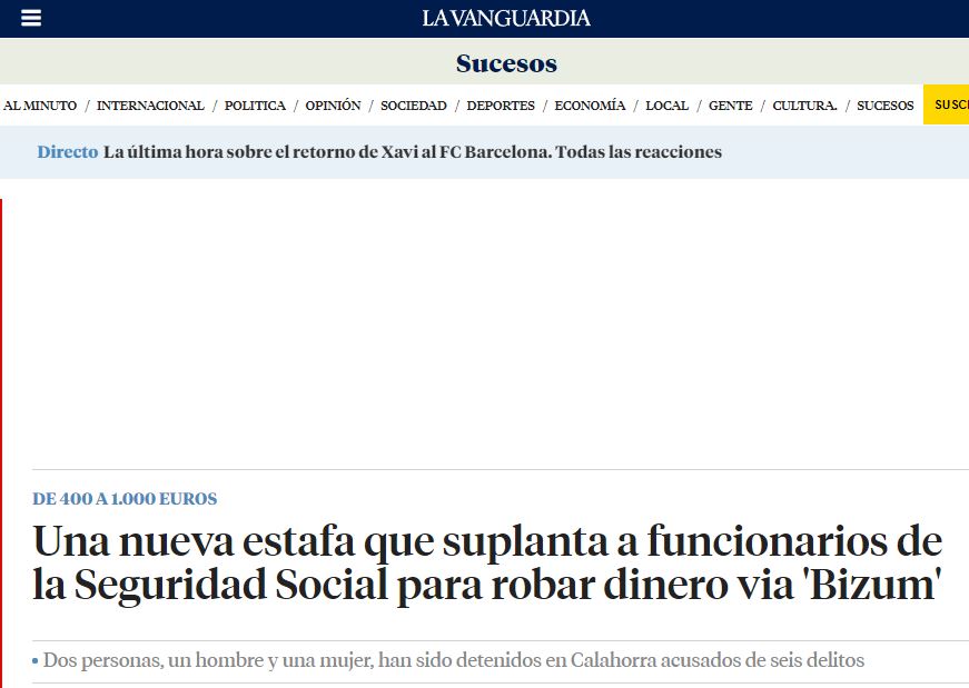 Periódico La Vanguardia mostrando una noticia que dice que hay un tipo de estafa en el que personas se hacen pasar funcionarios de la Seguridad Social para robar dinero usando Bizum. 