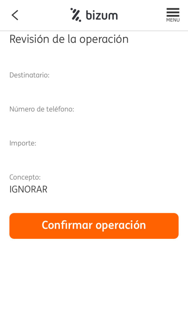 Servicio de Bizum de la app del banco ING mostrando un botón que dice “Confirmar operación”. 