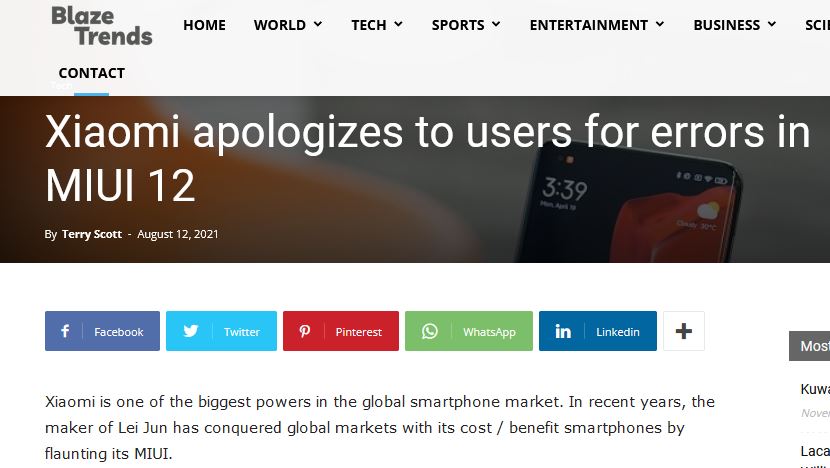 Sitio web de Blaze Trends mostrando una noticia que dice que Xiaomi pide disculpas a sus usuarios por los errores que han estado ocurriendo en MIUI 12.