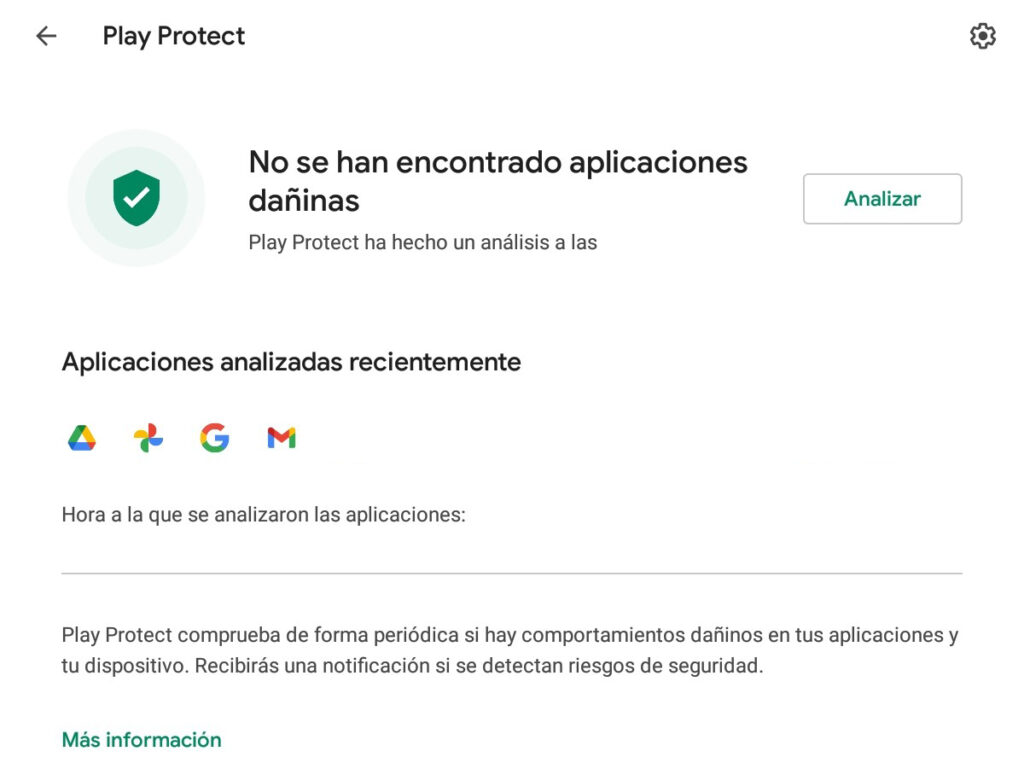 Ventana de Google Play Protect en un dispositivo con Android, el cual indica que no se han encontrado virus en el dispositivo. 