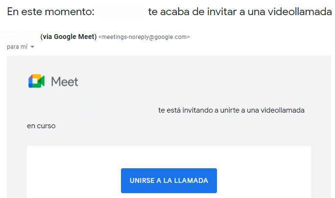 Cuenta de Gmail de la persona que va a ser llamada mostrando un email de Google Meet, el cual muestra el botón “UNIRSE A LA LLAMADA”.