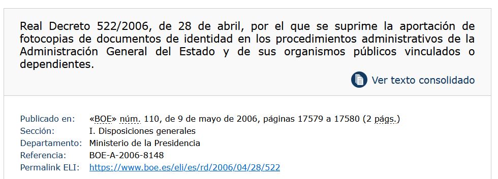 BOE mostrando el Real Decreto 522/2006 del 28 de abril, el cual prohíbe que la Administración General te pida fotocopias de tu DNI.