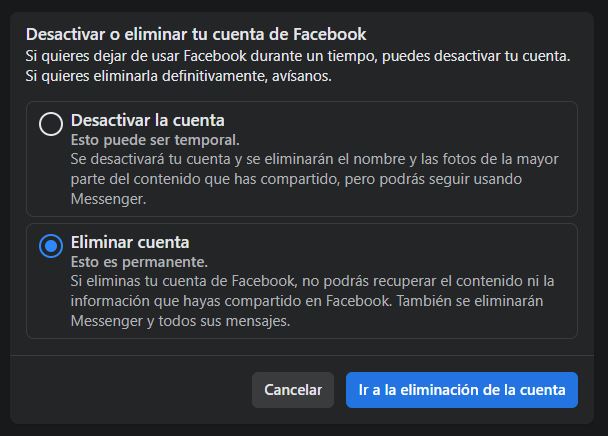 Ventana de la configuración de la cuenta de un usuario de Facebook en donde se observa que una opción llamada “Eliminar cuenta” está marcada.