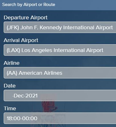 Página para realizar una búsqueda avanzada de FlightStats, la cual muestra unas casillas con los nombres “Aeropuerto de Salida”, “Aeropuerto de Llegada”, “Aerolínea”, “Fecha”, y “Hora”.