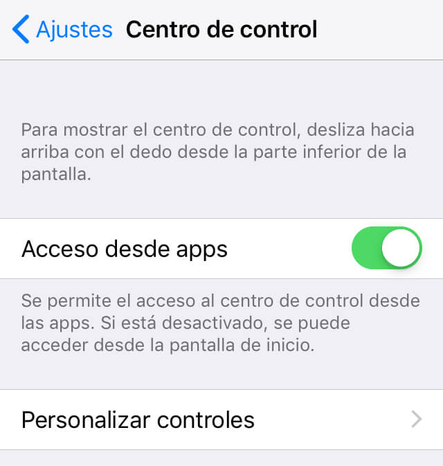 Menú de la opción “Centro de control” mostrando la opción “Personalizar controles”.