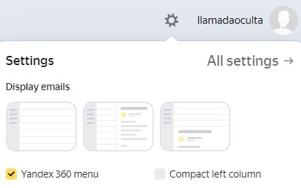 Cuenta de Yandex Mail de un usuario mostrando la opción “All settings”.