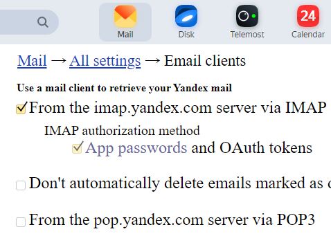 Menú de “Email clients” en donde se observa que las casillas de las opciones “From the imap.yandex.com server via IMAP” y “App passwords and OAuth tokens” están marcadas.