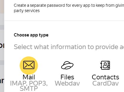 Modal que aparece al clicar en “Create an app password”, en donde se observa la opción “Mail”.