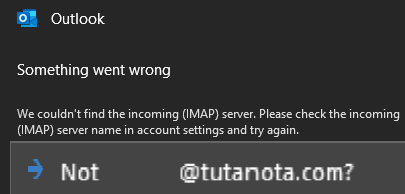 Mensaje de error de Microsoft Outlook diciéndole a un usuario que no puede conectar su email de Tutanota a Outlook debido a un problema con el servidor de IMAP.