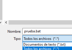 Apartados “Tipo” y “Todos los archivos (*.*)” de la ventana de “Guardar como”. Se observa que el archivo ahora tiene la extensión “.bat”.