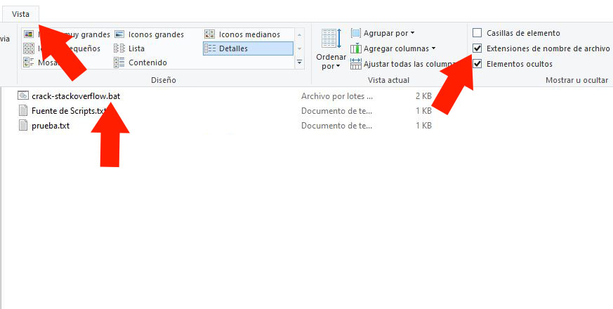 Explorador de archivos mostrando los apartados “Vista” y “Extensiones de nombre de archivo”. Se observa que un archivo tiene la extensión “.bat”.