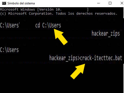 Símbolo del sistema en un PC mostrando los comandos “cd C:\Users…” y “crack-itecttec.bat”. Este último comando es el nombre del archivo bat que recuperará la contraseña del archivo comprimido. 