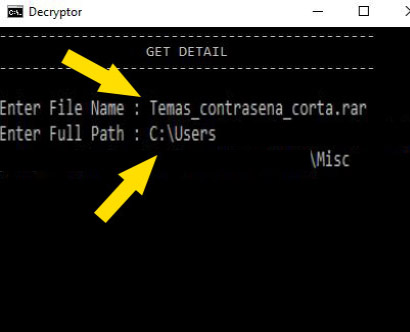 Apartados “Enter File Name” y “Enter Full Path” del archivo bat en el CMD, los cuales muestran el nombre del archivo comprimido a crackear y la ruta en donde se encuentra el archivo, respectivamente.