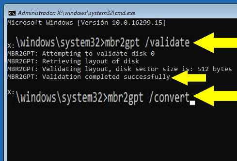 Símbolo del sistema del modo de inicio avanzado de un PC, el cual muestra los comandos “mbr2gpt /validate”, “mbr2gpt /convert”, y el mensaje “Validation completed successfully”. 