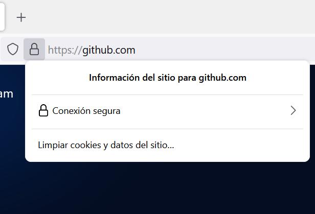 Firefox mostrando el icono del candado al lado del enlace del sitio de GitHub, y en donde se observa un mensaje que dice “Conexión segura”.