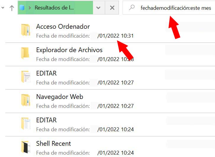 Explorador de Archivos mostrando una serie de archivos que fueron modificados recientemente. Se observa que el buscador del Explorador de Archivos tiene la palabra clave “fechademodificación:este mes” escrito en él.