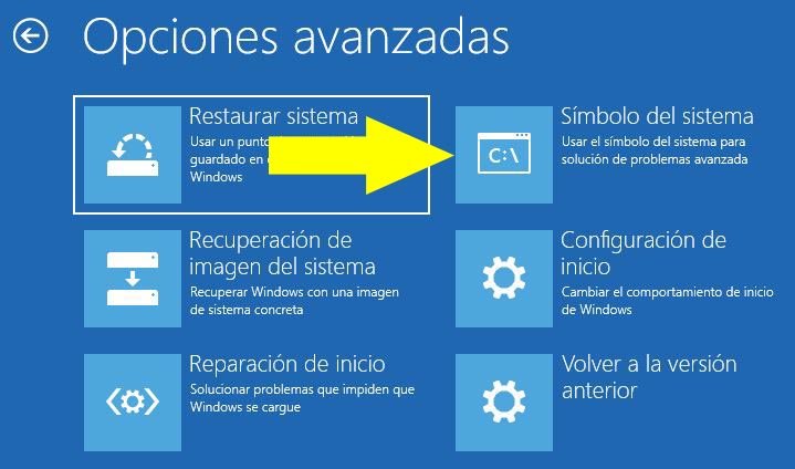 Menú de “Opciones avanzadas”, el cual muestra un apartado llamado “Símbolo del sistema”.