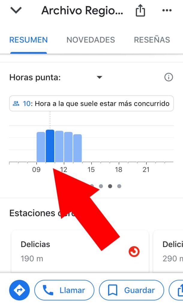 Ventana de los detalles de un local en Google Maps, en donde se observan unas barras azules junto con las distintas horas del día. 