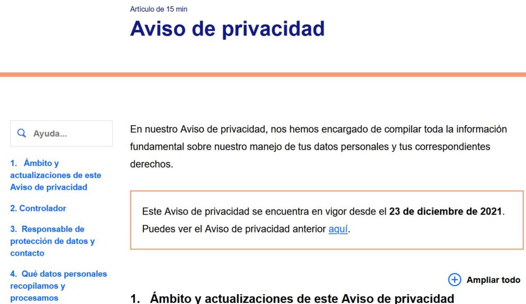 Página de la política de privacidad de eBay.