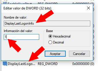 Ventana “Editar valor de DWORD” mostrando que al archivo “DisplayLastLogonInfo” se le asignó el número “1” en la casilla “Información del valor”.
