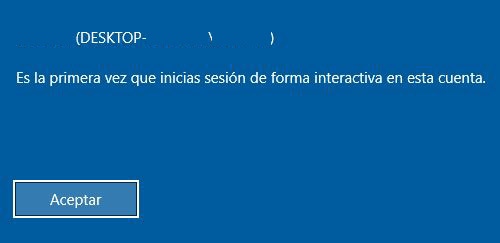 Mensaje de Windows 10 diciéndole al usuario que es la primera vez que se loguea en esa cuenta.