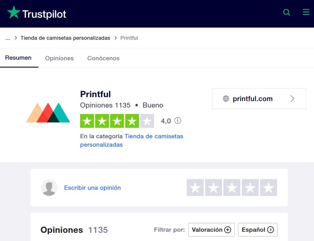 Sitio web de Trustpilot mostrando las reseñas de sus usuarios sobre el sitio “printful.com”.