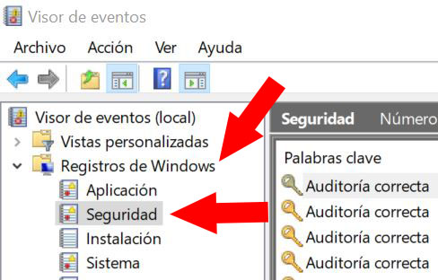 Ventana del “Visor de eventos” mostrando la carpeta “Registros de Windows” y el fichero “Seguridad”.