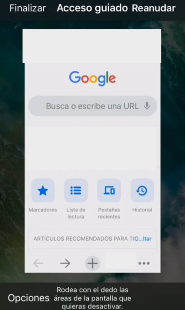 App de Google Chrome abierta en el modo de Acceso Guiado. Se observa el menú de configuración del Acceso Guiado.