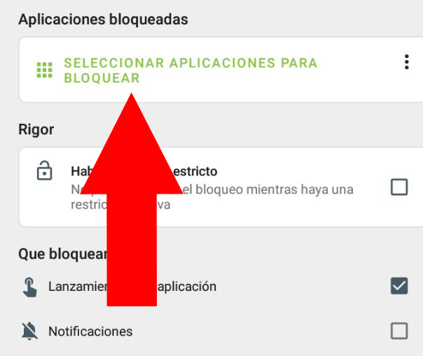 App de Bloqueo mostrando la opción “SELECCIONAR APLICACIONES PARA BLOQUEAR”.