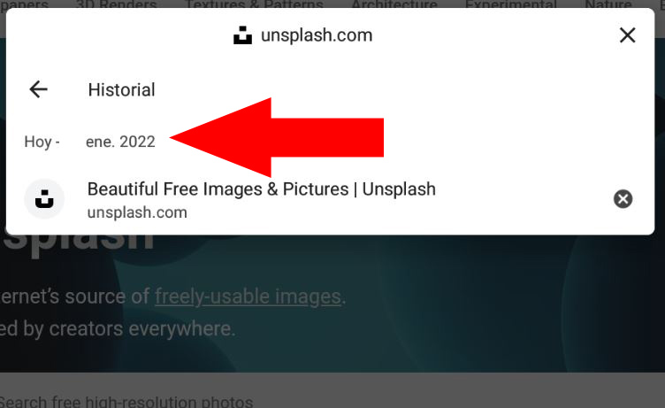 Modal que aparece al tocar el icono del candado mostrando la fecha exacta en la que un usuario visitó el sitio web unsplash.com.