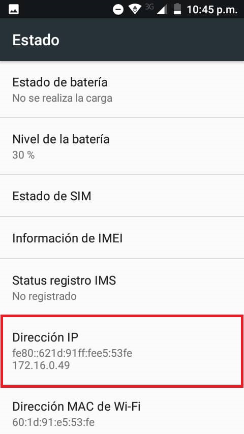 Dirección IP del móvil