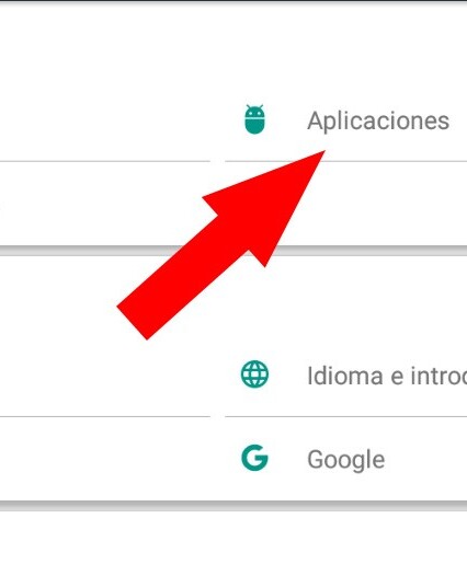 Menú principal de la app de ajustes de un Android mostrando la opción “Aplicaciones”.