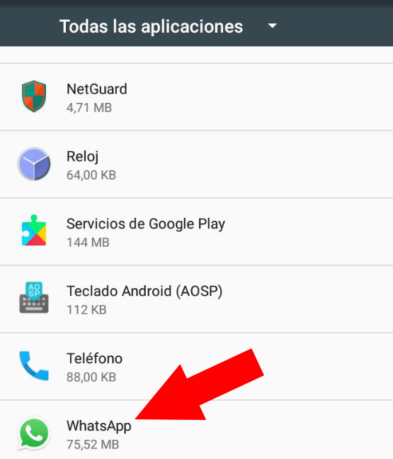 Menú de “Aplicaciones” de los ajustes de un Android mostrando el apartado “WhatsApp”.