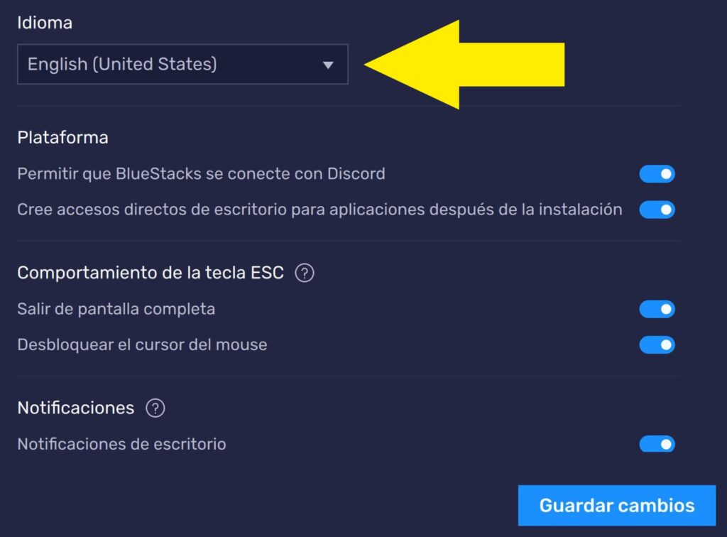 Menú de configuración del emulador de Android de Bluestacks, en donde se observa un apartado que dice “Idioma” con el idioma “English (United States)” seleccionado.