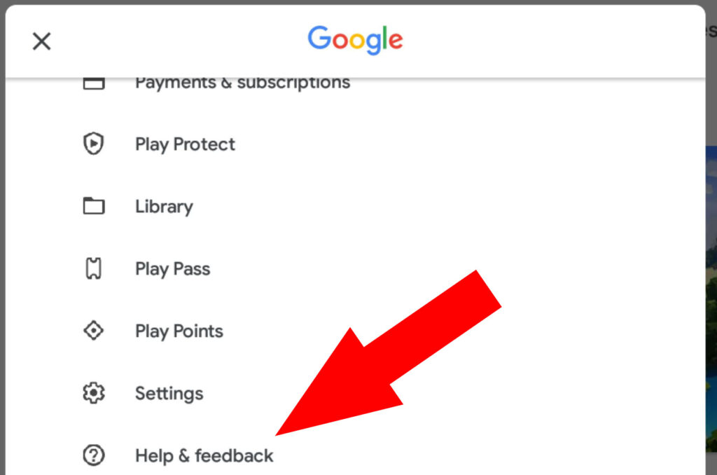 Modal de la Play Store mostrando la opción “Help & feedback”. 