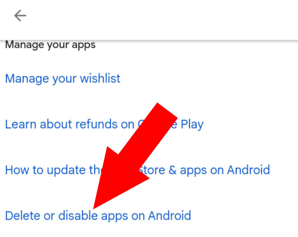 Menú de “Help & feedback” de la Play Store mostrando el apartado “Delete or disable apps on Android”.
