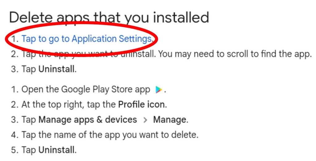 Menú de “Delete or disable apps on Android” mostrando la opción “Tap to go to Application Settings”.