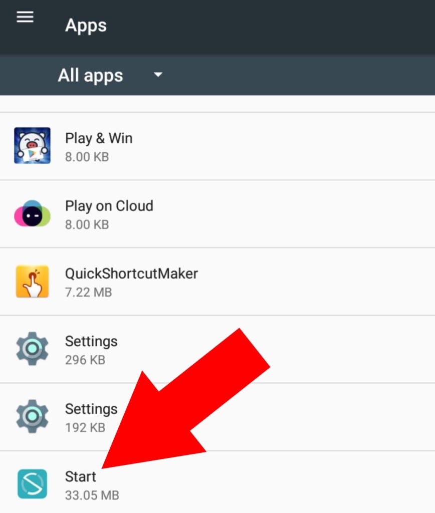 Menú de la aplicación “Apps” mostrando la app de Start.