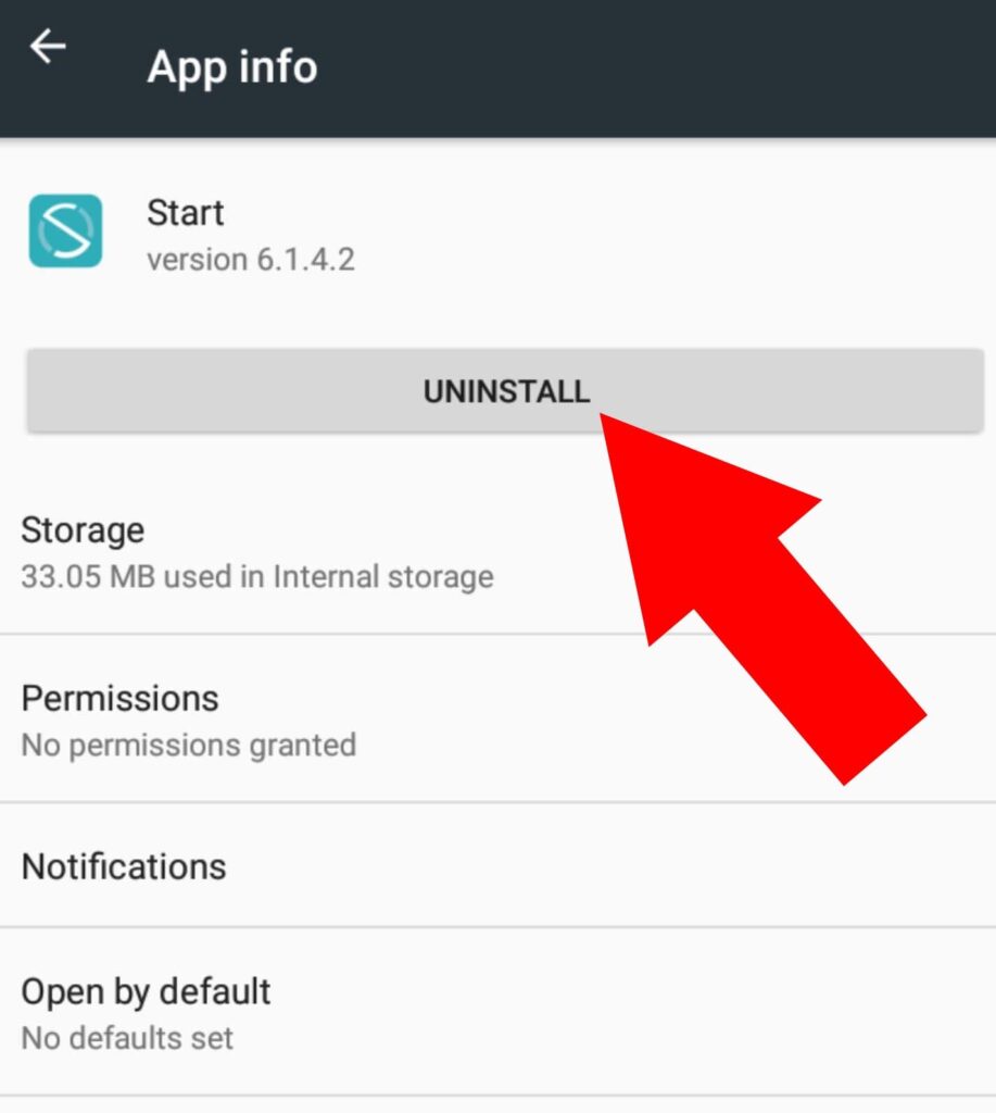 Menú de la aplicación “Apps” mostrando el botón “Uninstall” para la app de Start. 